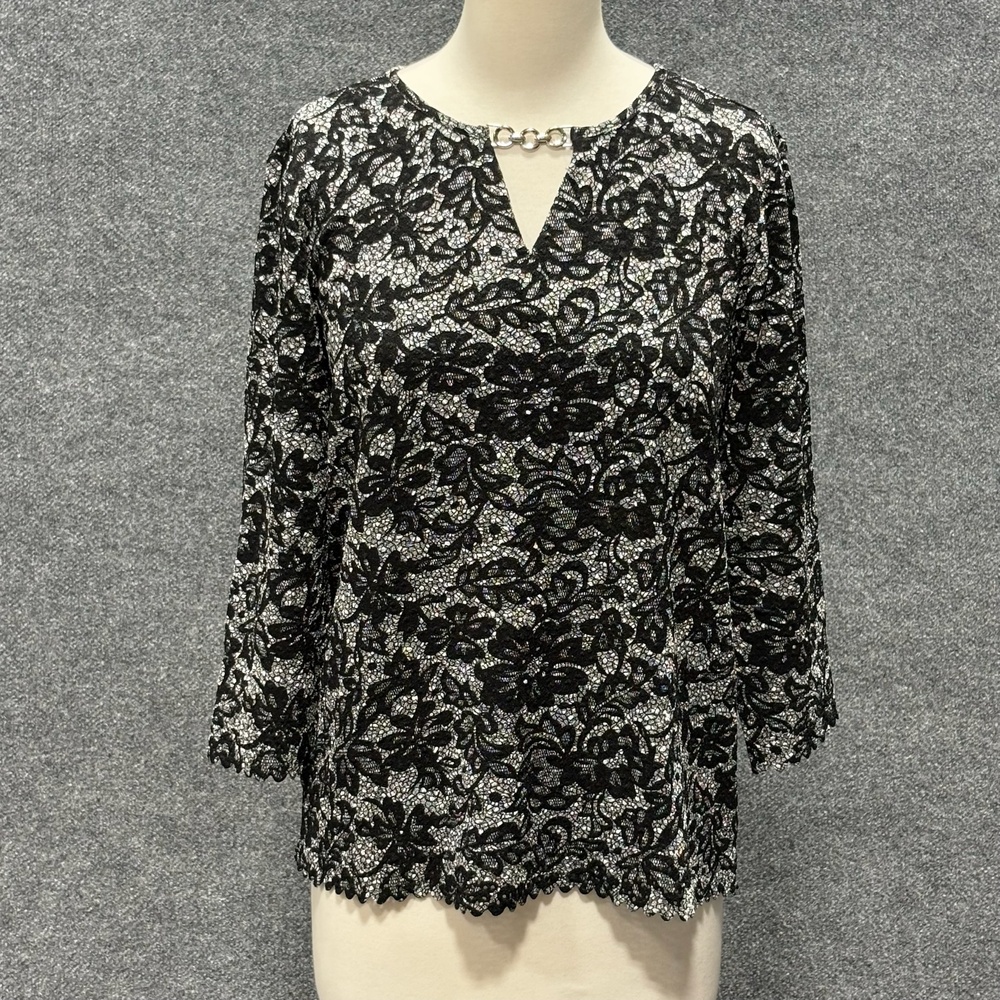 Belle Amie Blouse Womens Large Black Floral Lace Glitter 3/4 Sleeve Tunic Top